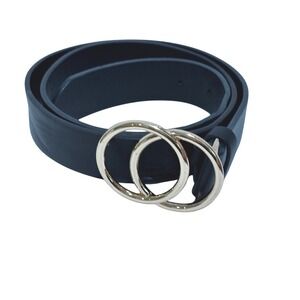 Black Faux Leather Belt Gold Double O-Ring Interlocking Buckle Minimalist Chic